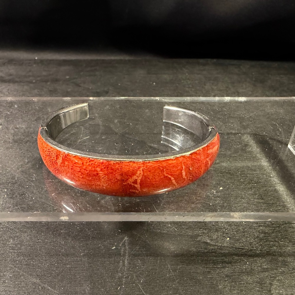 Vintage Silver Tone Red Sponge Coral Inlay Hinged Cuff Bracelet